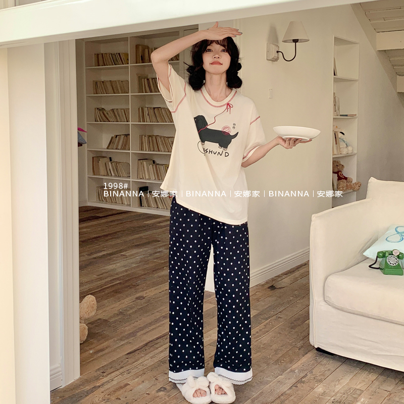 缤安娜家居服睡衣夏季女款2025新款短袖圆领薄款纯棉长裤套装夏款