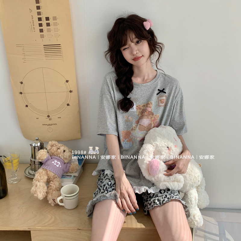 睡衣女款夏2025新款短袖豹纹小熊