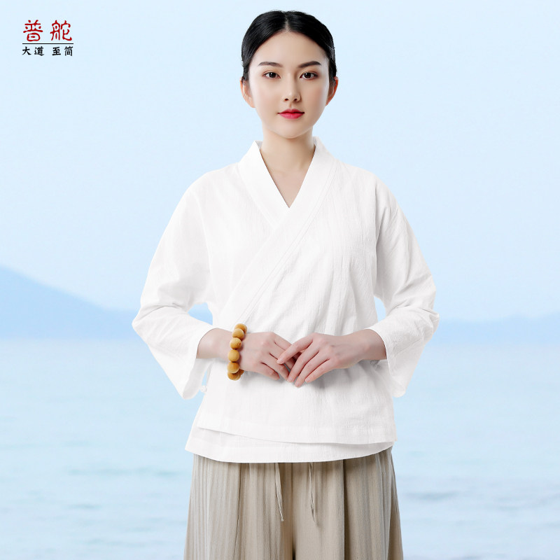 禅修服女上衣居士服改良茶服禅意右衽汉服文艺亚麻棉中国风七分袖