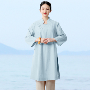 弘通禅服中式袍子蝴蝶盘扣 长袖连衣裙亚麻居士服夏季禅修服茶服