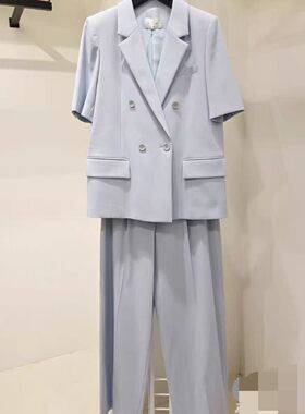 26年夏季新款韩版职业商务通勤双排扣翻领直筒半袖西装西裤套装女