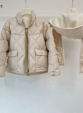 25年冬季新款韩版简约时尚厚实保暖菱形格鹅绒连帽羽绒服17511