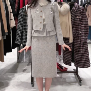 25年冬季新款韩版气质知性优雅通勤羊毛小香风外套+半身裙套装女