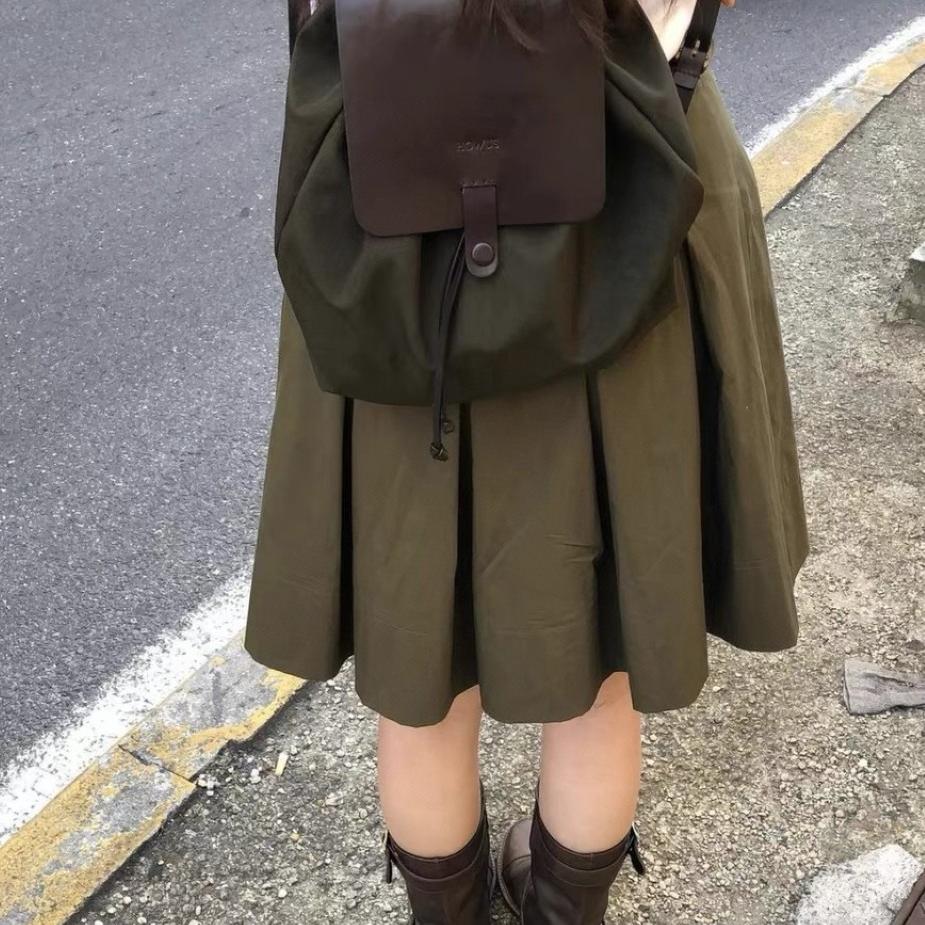 25年春季新款韩版复古简约百搭抽绳时髦牛皮休闲双肩背包书包女