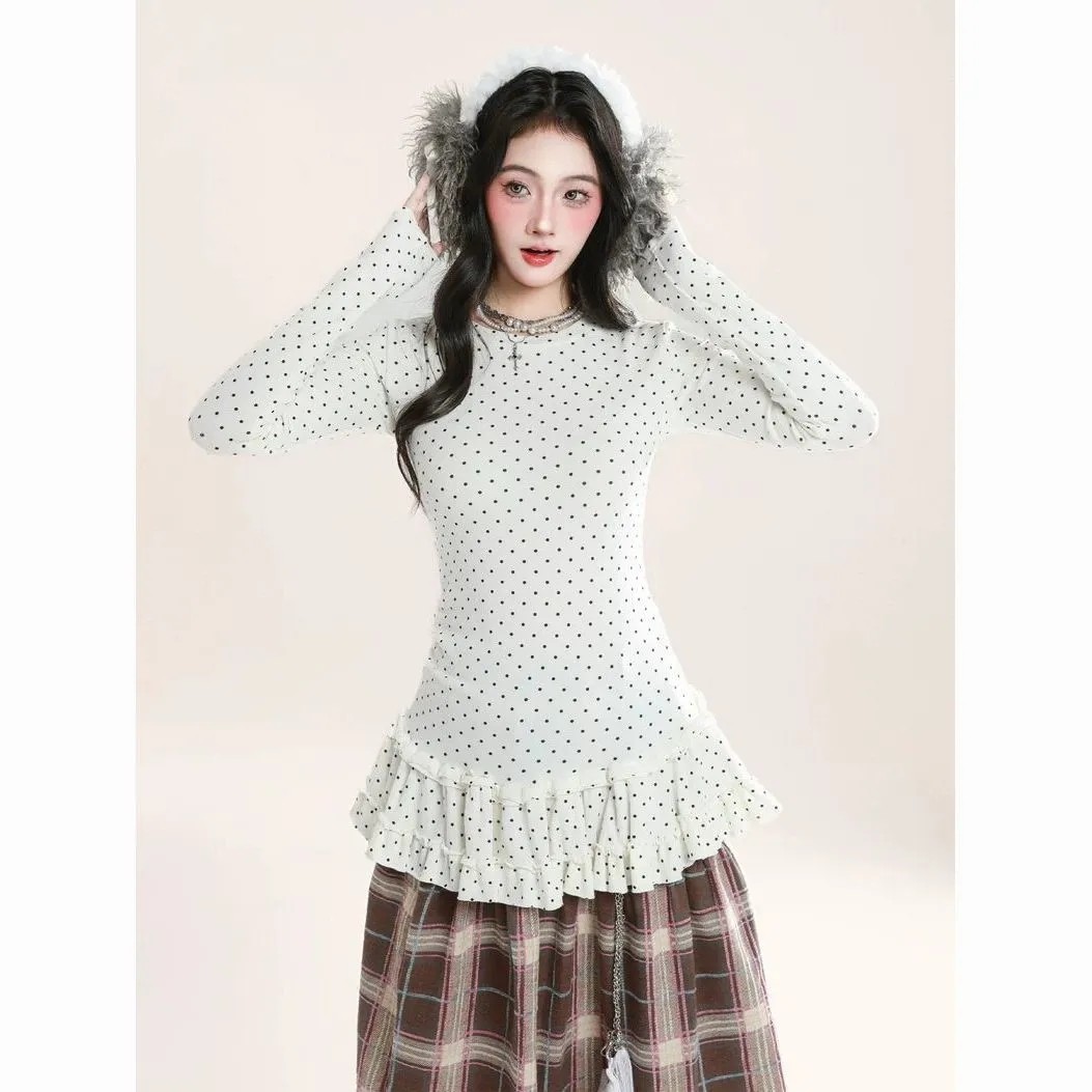 辣妹韩系甜美波点印花木耳裙摆长袖T恤女秋冬内搭叠穿打底衫上衣,女装/女士精品,T恤,淘宝优惠券,粉丝福利购,淘宝优惠卷