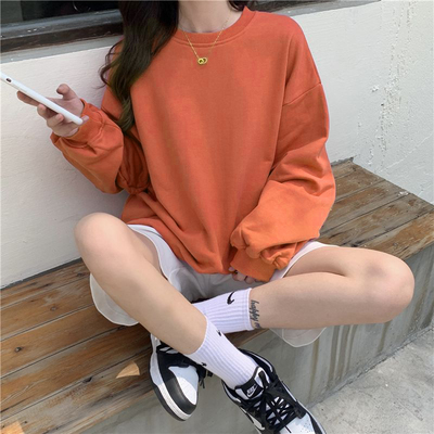 圆领卫衣情侣春秋纯色宽松长袖T恤潮牌韩版宽松时尚卫衣学生春装