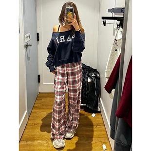 韩系简约风复古格纹睡裤女春款2026新款慵懒风大码显瘦家居长裤子