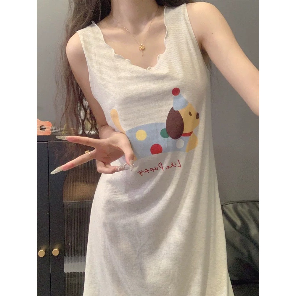 夏季新款卡通风腊肠狗背心睡裙女款冰丝无袖吊带裙子睡衣家居服夏