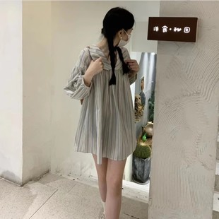 大码胖mm娃娃领条纹泡泡袖七分袖宽松连衣裙女2025年新款夏季裙子