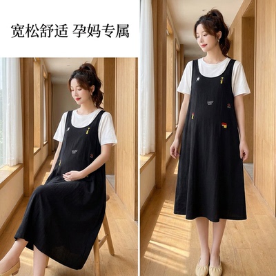 孕妇夏季法式宽松假两件刺绣连衣裙女短袖圆领中长款宽松减龄裙子