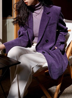 紫色灯芯绒西装外套女2025春秋新款复古气质高级感宽松休闲小西服