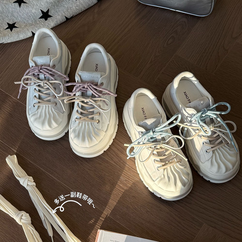 【小发喵】6cm厚底增高贝壳头小白鞋女真皮系带休闲鞋增高松糕鞋