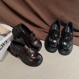 女金属扣一脚蹬复古小皮鞋 英伦风厚底乐福鞋 厚底女鞋 小发喵