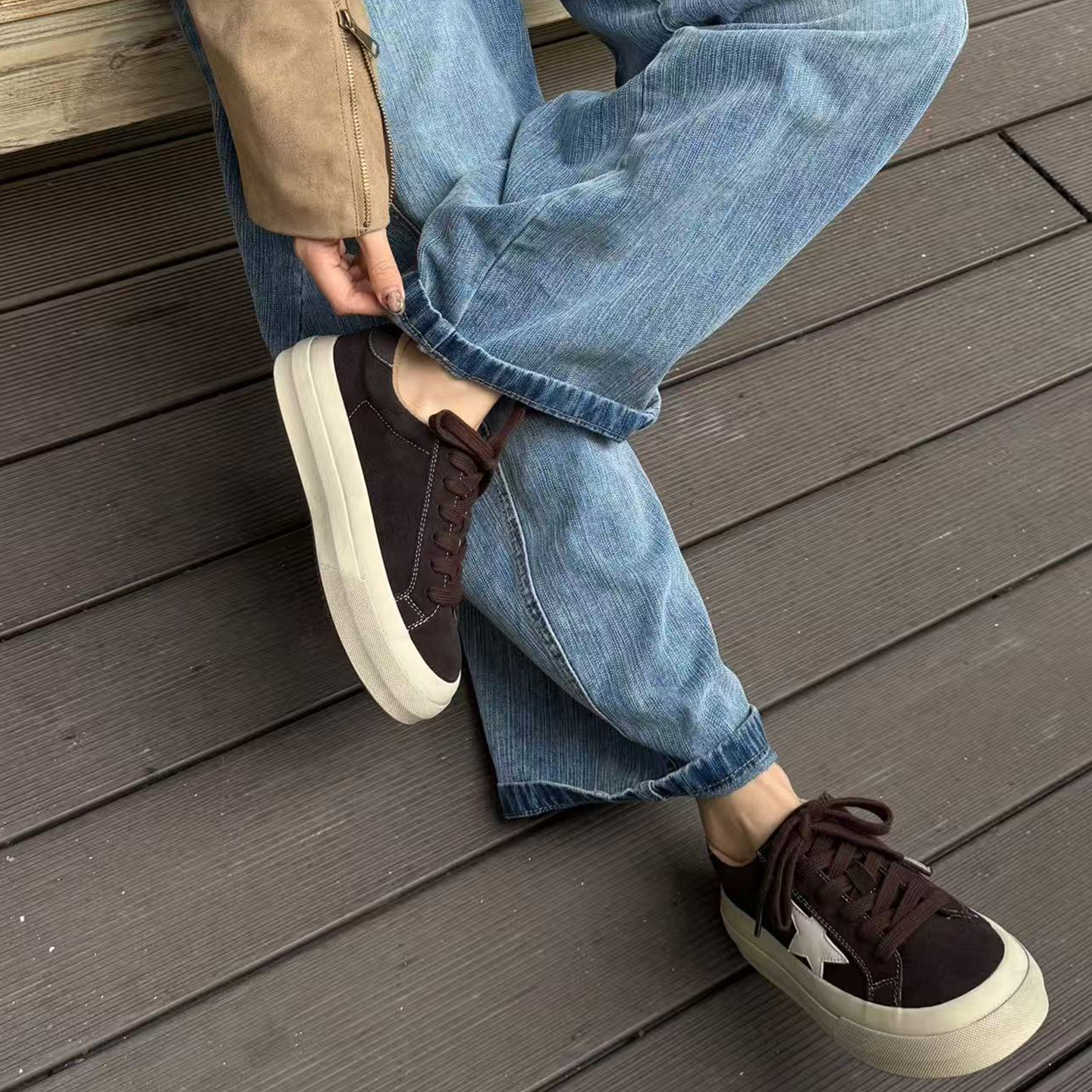 【小发喵】加绒复古星星德训鞋女秋冬真皮厚底板鞋百搭休闲运动鞋