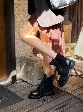 【小发喵】厚底翻盖两穿马丁靴女靴小个子粗跟头层牛皮短靴机车靴