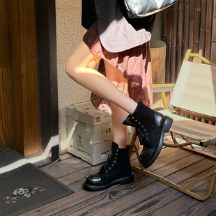 【小发喵】厚底翻盖两穿马丁靴女靴小个子粗跟头层牛皮短靴机车靴