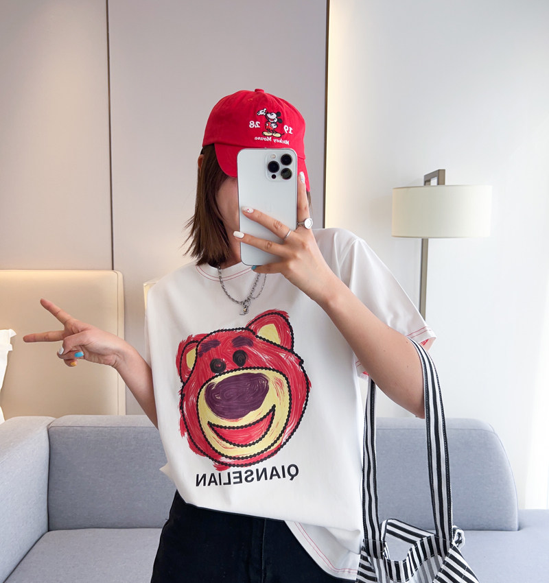 纯棉短袖T恤刺绣印花女简约休闲时尚半袖百搭白色黑色加肥中长