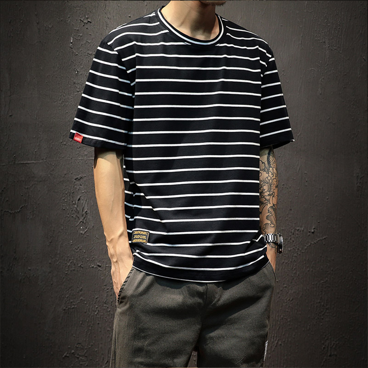 DJPY條紋t恤男夏季款韓版潮流百搭修身圓領半袖體恤衫男士短袖TEE