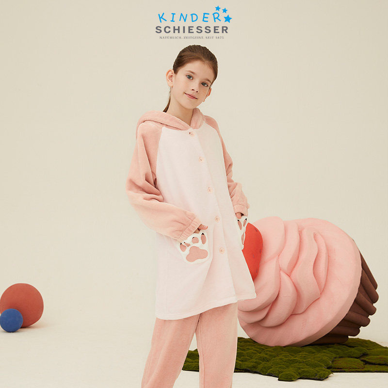 SCHIESSER舒雅童装女童法兰绒小熊造型连帽睡衣家居服套装21412H