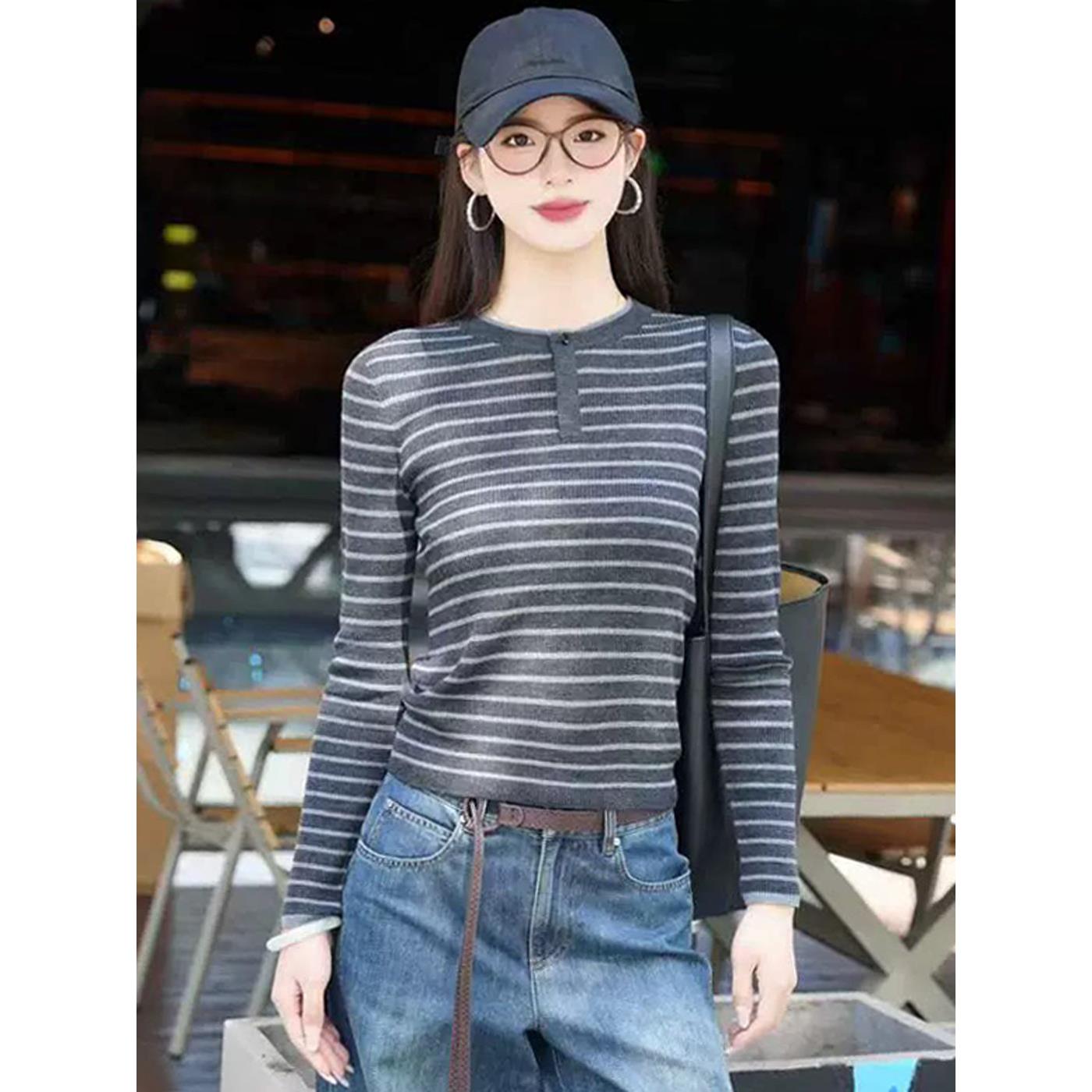 阿玛施女装商场同款2026秋冬季新款圆领条纹毛衣女打底针织衫长袖