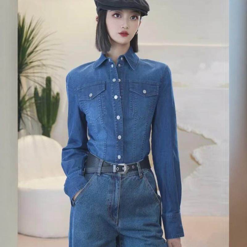 阿玛施正品牌2026春秋新款女装百搭翻领收腰弹力长袖牛仔衬衫