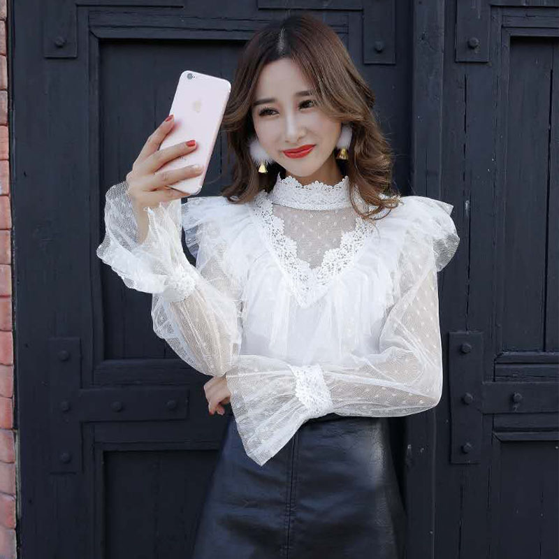 春秋新款半高领蕾丝花边甜美女装日系波点网纱长袖喇叭袖修身上衣