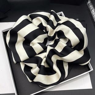 法式高级感黑白粗条纹超大大肠发圈时尚低扎马尾头绳发绳头花发饰