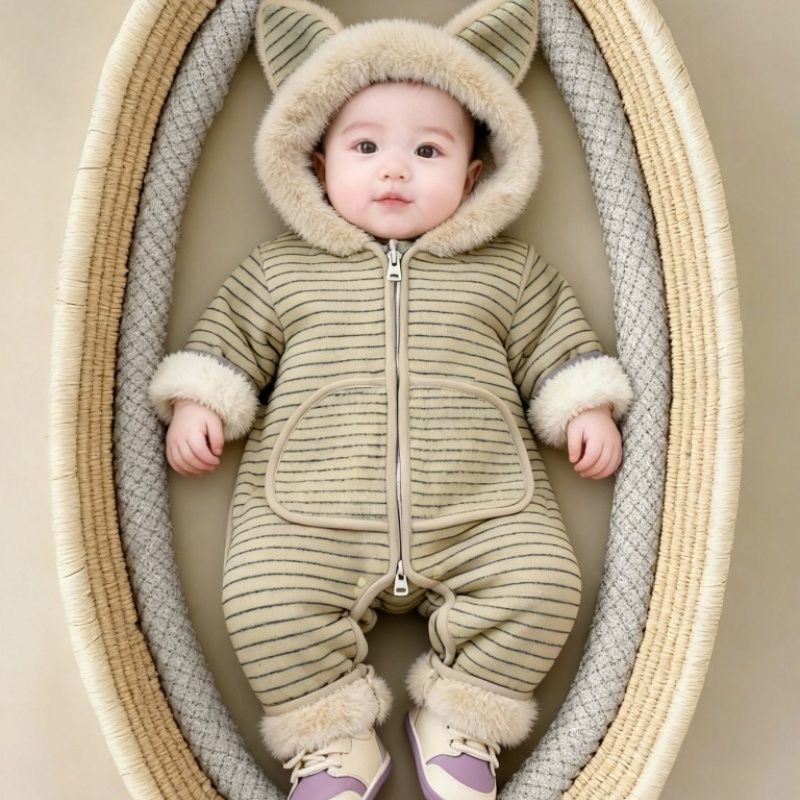 婴儿连体衣冬季保暖麂皮绒加厚加绒连帽拉链哈衣男女宝宝外出服