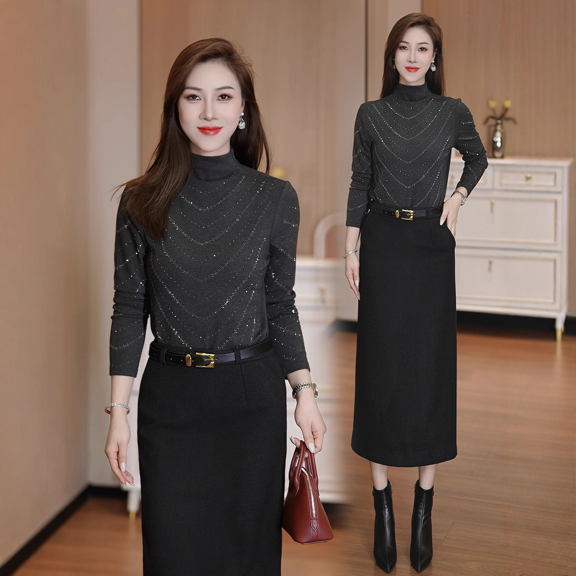 今年流行特惠时尚烫钻半高领打底衫女秋冬新款洋气修身显瘦百搭