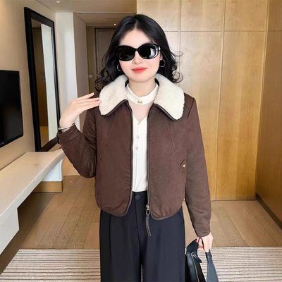 今年流行特惠加绒加厚时尚短款外套女士冬季新款毛领长袖夹克皮毛
