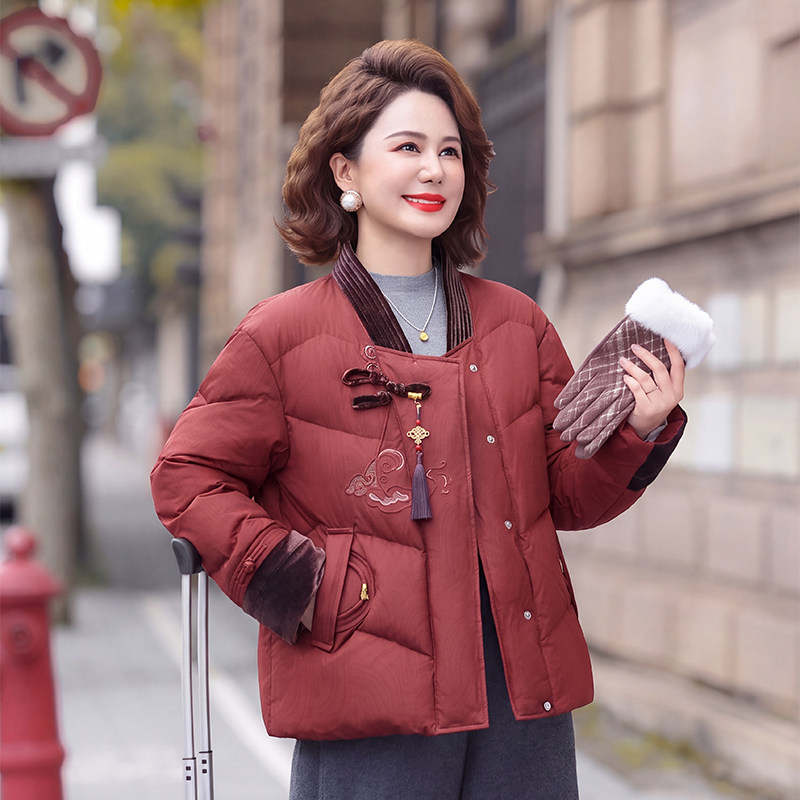 新中式妈妈冬装外套本命年红色棉衣中老年秋冬羽绒棉服短款棉袄女