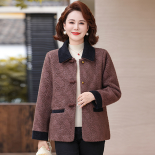 中年妈妈春装洋气短款毛呢外套中老年女装春秋休闲翻领呢子上衣服
