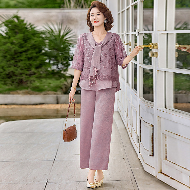 胖妈妈装夏季V领亮片显瘦两件套