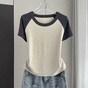 新款 t恤女2024夏季 洋气减龄上衣 胖mm遮肚子显瘦正肩拼色短袖 大码