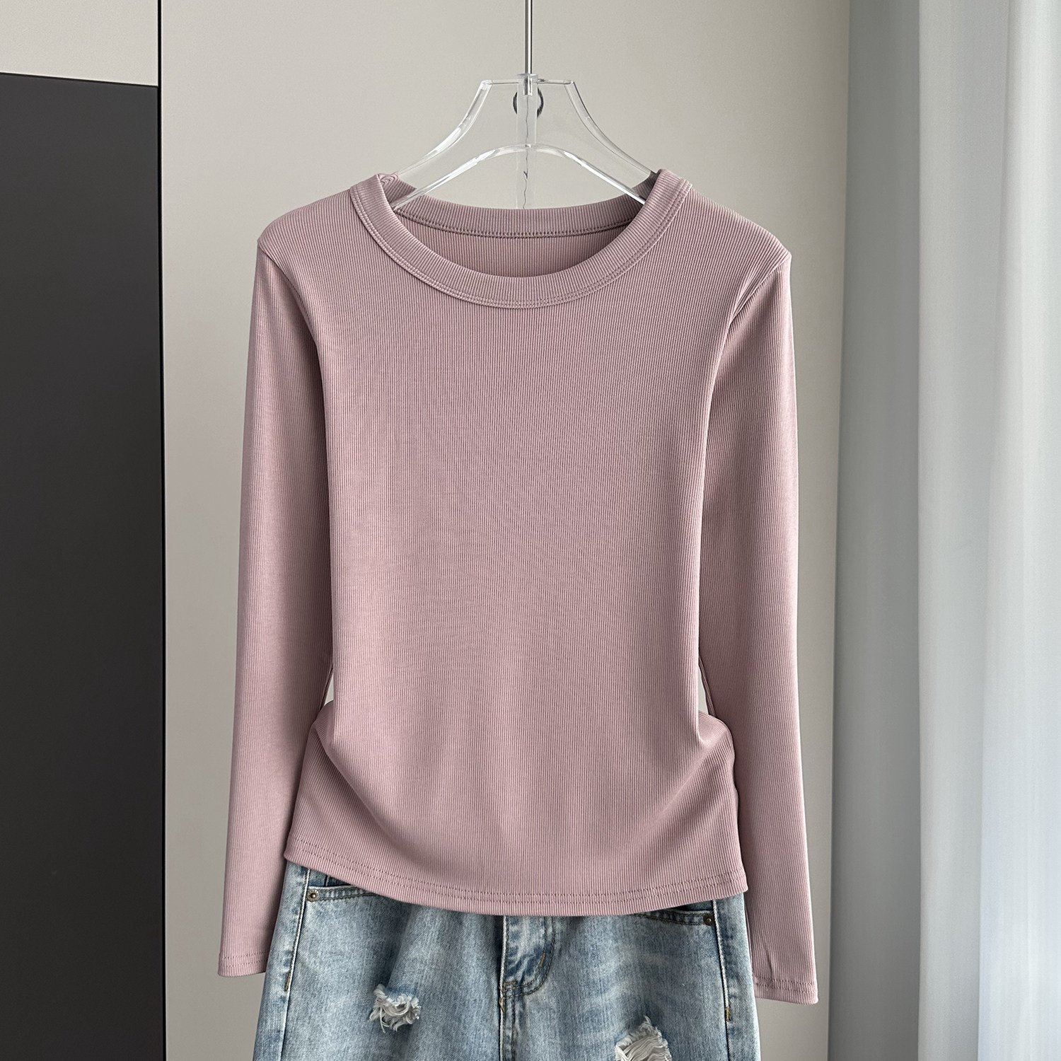 早秋打底衫女内搭2024新款外穿显瘦薄款圆领长袖t恤螺纹洋气上衣,女装/女士精品,T恤,淘宝优惠券,粉丝福利购,淘宝优惠卷