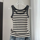 2025春夏莫代尔棉打底无袖 黑白色条纹吊带背心女内搭西装 新款 上衣