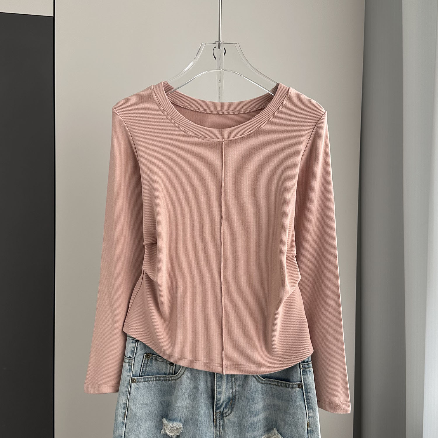 正肩圆领长袖t恤女打底衫时尚百搭褶皱显瘦加厚保暖上衣秋冬季潮