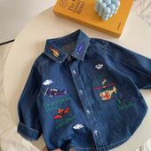 宝宝日系可爱童装 男童刺绣翻领衬衫 小外套 春夏新款 儿童牛仔衬衣