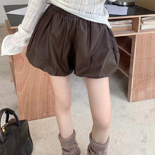 pu皮短裤女款秋冬2024新款高腰花苞裙裤显瘦小个子a字咖色南瓜裤