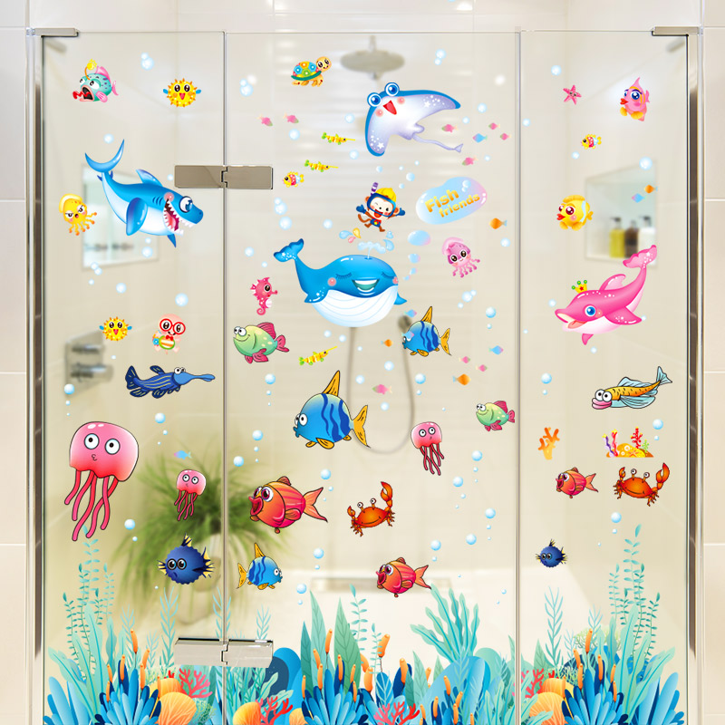 浴室玻璃门贴纸海洋鱼海草装饰贴画卫生间厕所瓷砖防水自粘墙贴图片