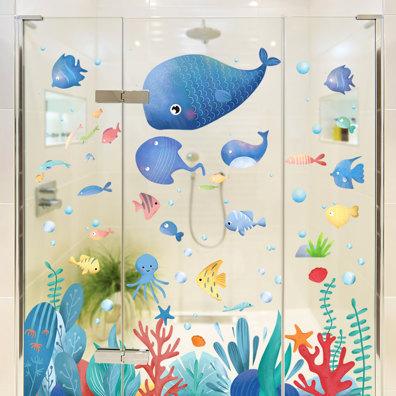 浴室卫生间玻璃门贴防水自粘贴纸厕所卡通鱼小图案贴画遮丑装饰图片