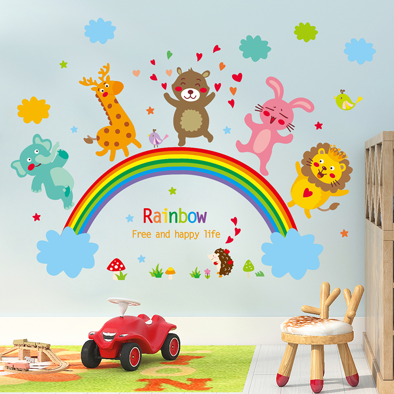 幼儿园动物彩虹墙贴儿童房间卧室背景墙创意装饰贴画遮丑贴纸布置图片