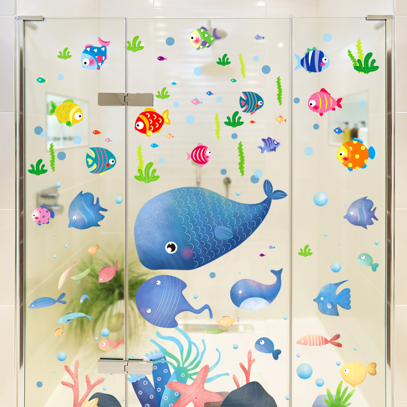 浴室玻璃门贴厕所卫生间防水贴纸装饰布置卡通鱼小图案遮丑贴画图片