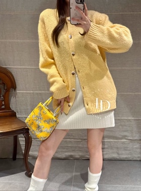 CJZP新品 100%山羊绒三色圆领彩扣羊绒开衫 宽松休闲毛衣外套 女