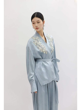 设计师款 春夏高端面料提花手工法绣腰带开衫外套+直筒长裤女套装