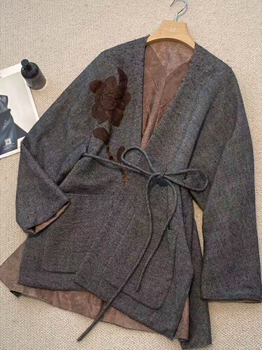 设计师款 时髦套装灰色人字纹外套女V领系带宽松外套阔腿裤两件套