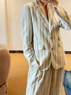 套装 询价私信 外套条纹阔腿裤 百搭简约条纹亚麻西装 2025早春新款