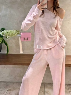 两件套 显瘦内搭打底上衣休闲裤 温柔粉色斜肩羊绒针织衫 女春秋修身