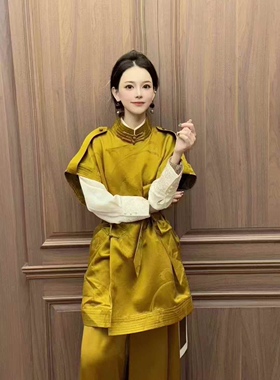 设计师款 25春夏新款老料香云纱提花腰带马甲+半身长裤国风女套装