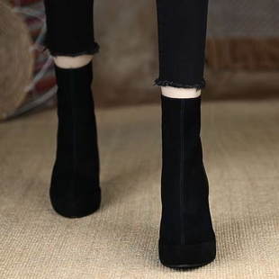 秋冬加绒马丁靴时尚 增高磨砂高跟鞋 女士坡跟厚底短靴 9cm 手工女鞋